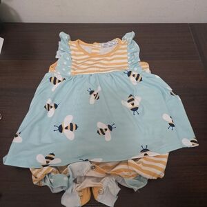 Aqua Bee Print Baby Dress with Yellow Stripe Bodice